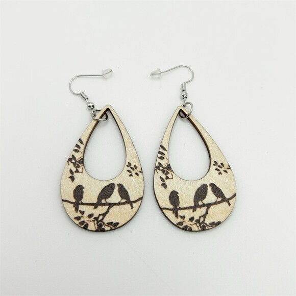 Large Teardrop Beige Dangle Earrings Black Birds on Branch Nature Leaves - Picture 2 of 7